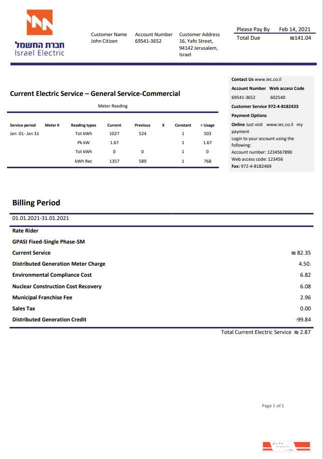 Israel Electric Corporation utility bill template in Word and PDF format (.doc and .pdf)